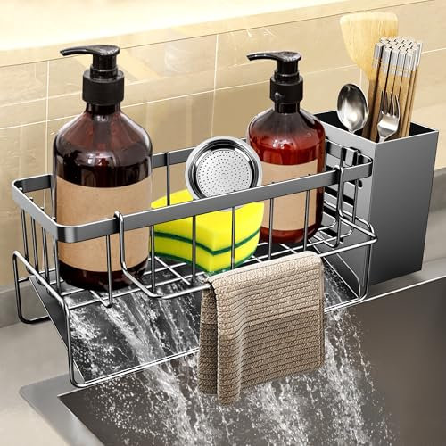 DBPBToU Spülbecken Organizer Küchen Schmal, Edelstahl Schwammhalter Spülbecken für Spüllappenhalter, Ablage Waschbecken Utensilienhalter Küche Abtropfgitter Spüle (Schwarz)