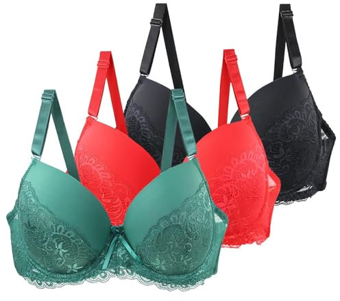 Shffuw 3 Pack Push Up Bras for Women UK Sexy Floral Lace Comfit Padded Support Underwire Bralettes Full Coverage Comfort Everyday Minimiser Plus Size Sports Wireless Bras Ladies Underwear Womens Bra