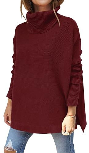 Hormtaer Pullover Damen Winter Rollkragenpullover Warm Oversized Strickpullover Rollkragen Stricken Pulli Grobstrickpullover Sport Sweatshirt Casual Lose Langarm Oberteile (Weinrot1, L)