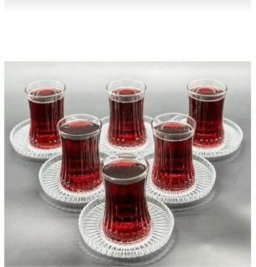 Nordic Schiller Turkish Tea Glass Set 12-Piece (6 Glasses + 6 Saucers) 170 ml, Clear Faceted Design, Dishwasher Safe, Elegant Tableware for Tea, Desserts, and Drinks, Tea Glasses