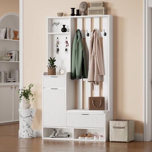 Merax Ensemble de garde-robe, mural, compact, moderne, avec banc à chaussures, 2 tiroirs, portes, panneaux muraux, porte-manteau élégant pour couloir, entrée, meuble de couloir, blanc