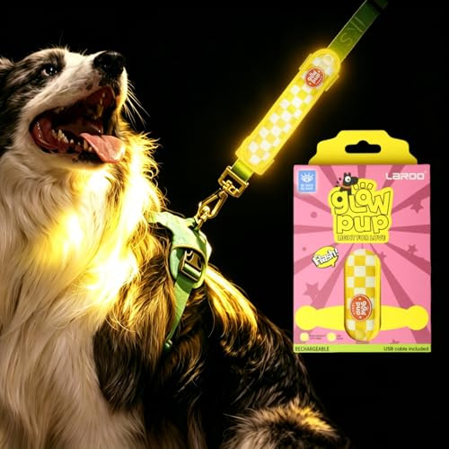 LaRoo Hundelicht LED Leuchtband für Hund - USB-C Aufladbar, Hundelicht mit Klettverschluss, Einfach an Halsband Leine und Geschirr zu Befestigen,Nächtliche Spaziergänge Leuchtend(Gelb Kariert)