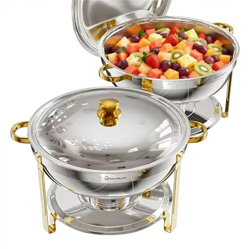 WARMOUNTS Chafing Dish 2er Set 8,5L Silber & Gold, Speisenwärmer Buffet Rund Edelstahl mit Gold-Akzenten & Deckelhalter, Warmhaltebehälter Stapelbar Catering Rechaud für Partys, Hochzeiten & Events