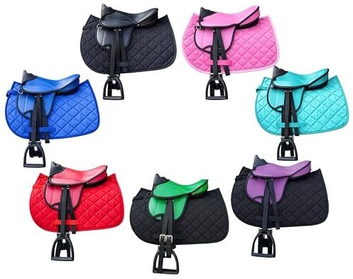 Brama West Set di sella per cavalli in legno per bambini My Happy Pony | Sella per Shetty Pony cavallo in legno | con copertura per sella, cinghia per sella, staffe e staffe (verde sella)