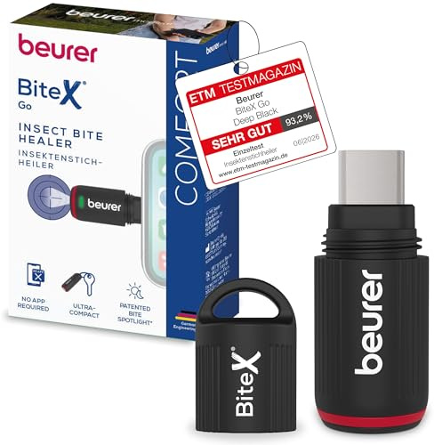 Beurer BiteX Go Deep Black insektssticksläkare för din smartphone,elektronisk värmepenna för snabb lindring av mygg- och insektsbett, för mobil för Android & iPhone (USB‑C), med ljus