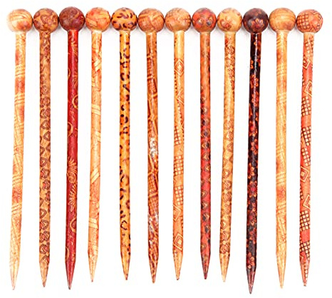 12 piezas de palo de madera para el cabello, palillos de pelo de cabeza redonda con estampado retro estilo popular, elegante, temperamental, pelo largo, hecho a mano, fabricante de moños, accesorios p