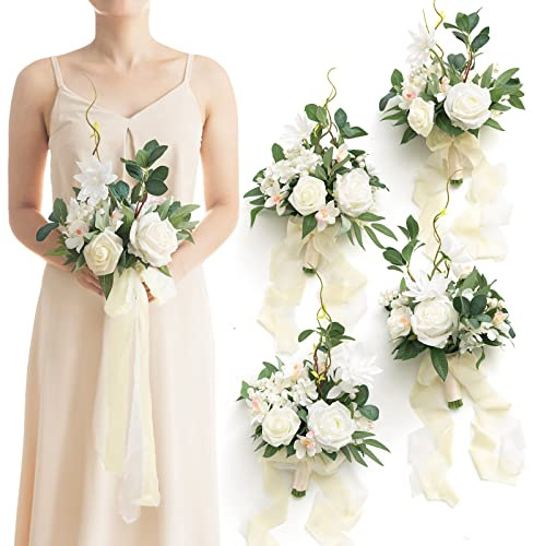 Ling's moment Artificial Bridesmaid Bouquets Set of 4,White Wedding Flower Bouquets Sage Floral Bouquet Bridal Bouquets with Ribbon,Ceremony,Anniversary,7-inch Diameter