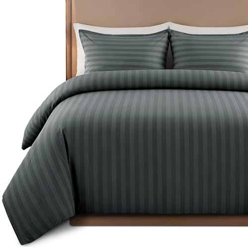 Hafaa Satin Stripe Double Duvet Set Charcoal - Premium Hotel Quality Quilt Cover Bedding Sets - Hypoallergenic Ultra Soft Brushed Microfiber Bed Linen