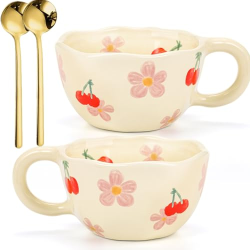 Yopay 2 Pack Ceramic Coffee Mug, 8oz Handmade Hot Chocolate Mugs, Cute Cup for Girl Microwave Safe, Aesthetic Tea Milk Cup with Handle for Latte, Cocoa, Gift, Office, Home (Cherry Flower)