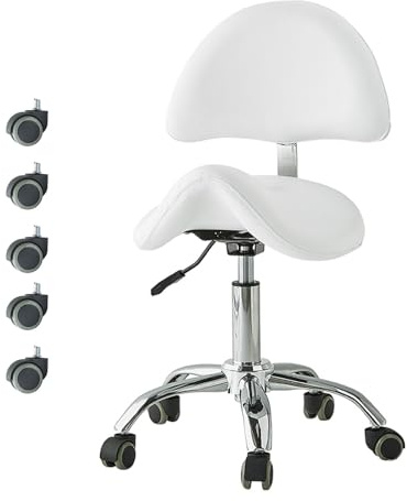 NUNETH Sattelhocker Ergonomischer Sattelhocker mit Rollen, 360° Drehbare Professionelle Rollstühle, 49-64 cm Bürostuhl für Zahnklinik, Massage, Spa, Schönheitssalon (Color : White)