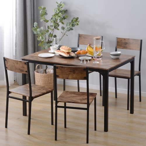 sogesfurniture Essgruppe 5-teilig, mit Esstisch 108 * 65 * 75cm, 4 Stühlen, in Metallgestell, Rechteckig Küchentisch-Set für Wohnzimmer, Esszimmer, Vintagebraun