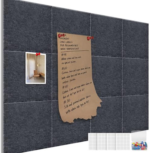 Große Korktafel – 119,4 x 88,9 cm, Filztafel-Alternative, Wandfliesen mit sicherem entfernbarem Klebstoff, Filz-Pinnwände mit Pinnnadel, Reißzwecken für Büro, 12 Stück (grau)