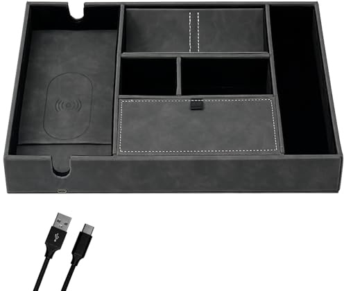 TRIXES Zubehörablage für kabelloses Laden aus veganem Leder in Grau, 23,5 cm x 35,5 cm, Organizer mit Mehreren Fächern – Schlüssel, Geldbörse, Sonnenbrille, Telefon und mehr