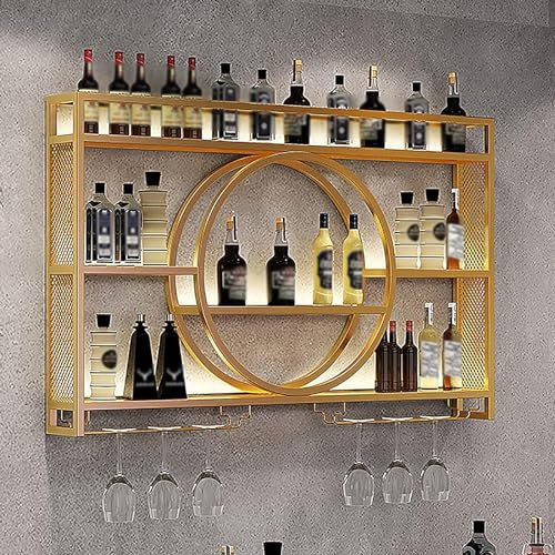 Generisch An der Wand montiertes Weinflaschenregal mit Glashalter, Eisenstange, Wand-Weinregal für Küchenregal-Dekoration, Gold, 100 * 15 * 80 cm