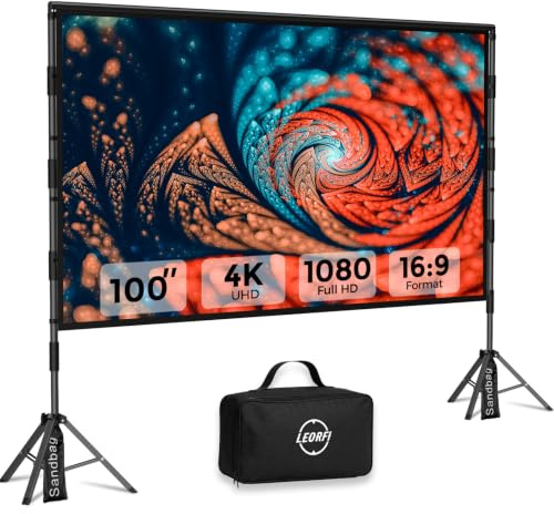 Écran de Projection Portable 100 Pouces avec Trépied - LEORFI Toile de Projection HD 4K 16:9 pour Intérieur/Extérieur, Projection Avant/Arrière, Léger avec Sac de Transport et Accessoires de Fixation