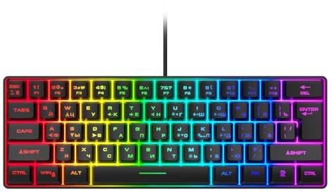 Plyisty Russische Mechanische Gaming-Tastatur, 61 Tasten, 60% Kompakte USB-kabelgebundene Russische und Englische Tastatur, mit RGB-Licht (Black)