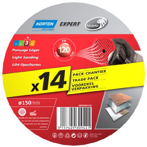 Norton Lot de 14 Disques expert 150 x 18 Multi-Air Grain 120 en Papier avec Oxyde d'aluminium pour Bois, Plastique