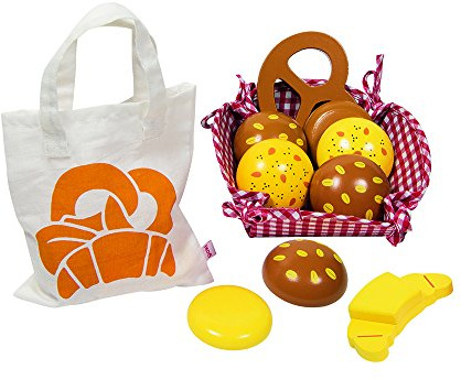 Goki 51704 - Kaufläden und Zubehör - Kaufladen Miniaturen Brötchen, mit Baumwollbeutel und Korb