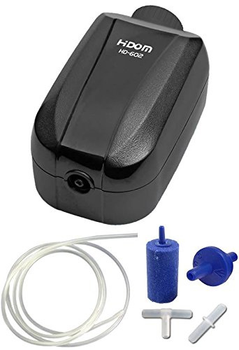 Hidom 2.5w Aquarium Adjustable Air Pump Single Valve HD-602 with Accessories,Black | Quiet and ideal for tanks up to 300 litres; Low 2.5w power delivering 2.0 LPM; Supplied with Air Stone, Airline & Check Valve