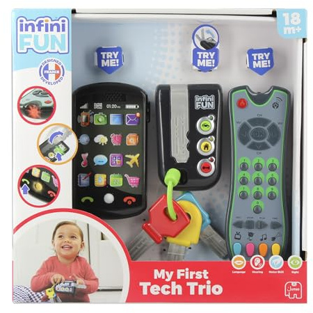 Infini Fun My First Tech Trio - Imitation Game for Kids, Fake Phone, Toy Keys & TV Remote for Imaginative Play - Ultra-Realistic Pretend Kids Play Set, Discover Colours & Sounds - For Ages 18 Months +