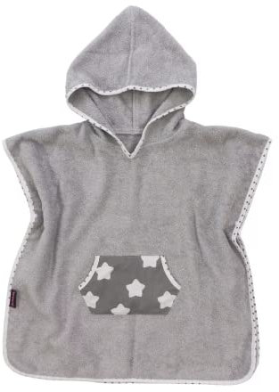 Puckdaddy Bade-Poncho Finja – 57x84 cm, Baby-Poncho mit Kapuze mit Sterne Muster in Grau, flauschiger Kapuzenbademantel aus 100% Baumwolle & Frottee nach OEKO-TEX geprüft, Badehandtuch bis 5 Jahre