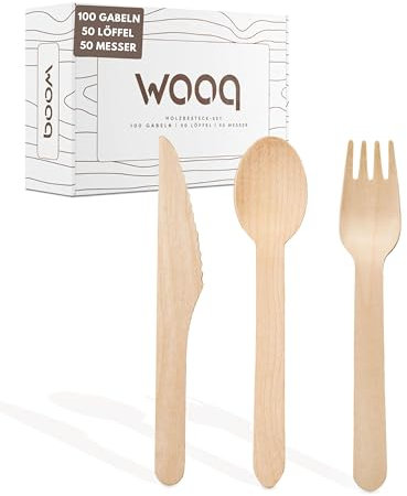 wooq Premium Holzbesteck Set 200-teilig aus Birkenholz (100 Holzgabeln, 50 Holzlöffel, 50 Holzmesser Holz Besteck) Einwegbesteck kompostierbar in wiederverschließbarer Pappbox