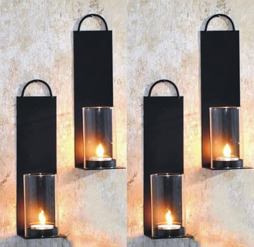 Novaliv 4X Wandkerzenhalter Vintage Metall mit Glas 7 x 7 x 25,5 cm Schwarz Kerzenhalter Wand Teelichterhalter Deko Wohnzimmer Dekoration Wanddeko Vintage Deko Teelicht Wandhalter