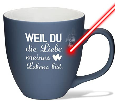 XXL Jumbotasse graviert mit Spruch - Liebe meines Lebens - Hochwertige Porzellan-Tasse mit Gravur, Soft Touch Oberfläche matt, Valentinstag Geschenke Weihnachten | Shark Blue, 400 ml