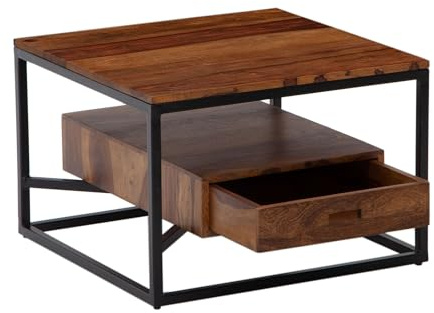 FineBuy Couchtisch 60x60x40 cm Sheesham Massivholz/Metall Sofatisch Quadratisch, Design Wohnzimmertisch Kaffeetisch Massiv mit Schublade, Kleiner Tisch Beistelltisch Wohnzimmer Modern Braun