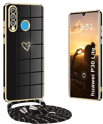 Yutwo Handyhülle Huawei P30 Lite mit Band, Handykette Huawei P30 Lite Hülle mit Band Silikon Stoßfeste Huawei P30 Lite handyhülle mit Herz Love Design Schutzhülle Huawei P30 Lite, Schwarz