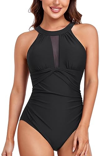 Vevarble Swimming Costume Women Mesh Inset Slimming One Piece Swimsuit Tummy Control Swimwear Beach Bathing Suit B-L