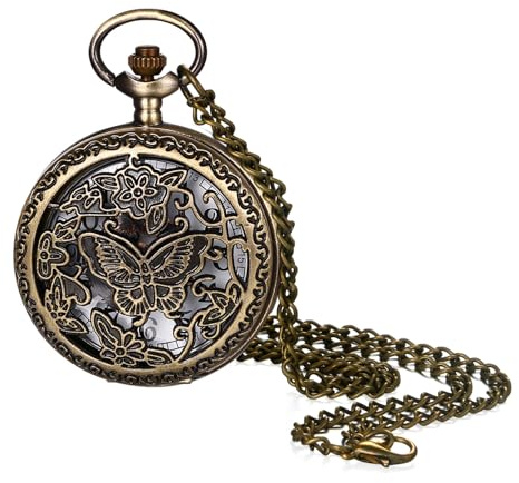 JewelryWe Vatertagsgeschenk Taschenuhr Herren Retro Zahnrad/Schädel/Römische Ziffern/Sternzeichen Weltkarte Kettenuhr Analog Quarz Uhr Anhänger mit Halskette Kette Bronze Geschenk für Männer