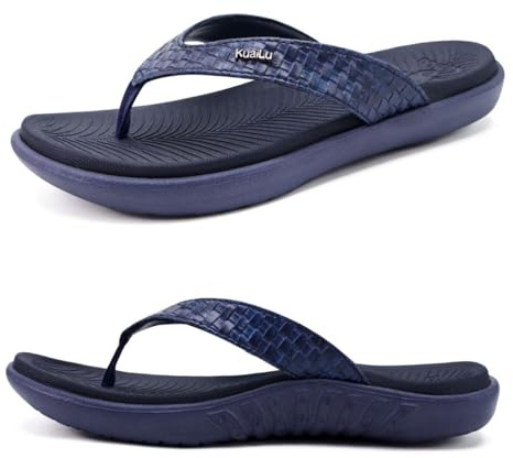 KuaiLu Flip Flops damer läder tåseparator för sommar strand kvinnor bekväm yoga matta tanga sandaler för plantar fasciit, Mörkblå, 40 EU