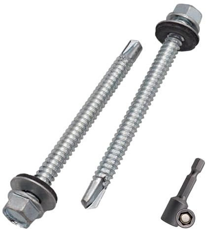 SKIR'CO (100 st) Förzinkade takskruvar 6,3 x 75 mm, sexkantshuvud, DIN 7504-K Självborrande skruvar med EPDM tätningsbrickor