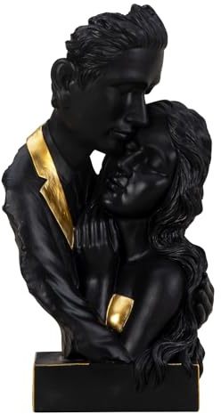 Lifestyle & More Skulptur Liebespaar schwarz mit goldenen Elementen aus Kunststein mit schwarzem Sockel Höhe 30 cm Breite 16 cm