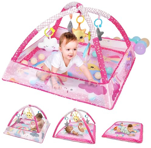 Sinbide Tapis d'eveil bébé Parc et Tapis de Jeux Bebe 2 en 1 Tapis d'Éveil Évolutif avec Jouets d'activité Sensoriels Piscine à Balles Tapis deveil Bebe 0-6 Mois Cadeau de Naissance (Rose)