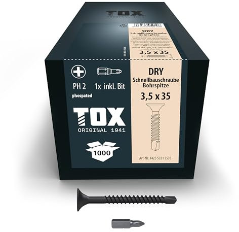 TOX Schnellbauschrauben DRY BS 3,5 x 35 mm, Schrauben schwarz phosphatiert mit Feingewinde + Bohrspitze, Gipskartonplatte auf Metall-Unterkonstruktion, PH2, 1000 Stück, inkl. 1x Bit, 142553213535