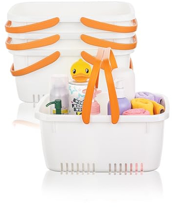 Cetomo Cesta de Ducha de Plástico con Asa Plegable, Caja Portátil con Orificios de Drenaje en la Base para Baño, Cocina, Residencia Estudiantil, Gel de Ducha, Champú, Cosméticos, Blanco (Paquete de 4)