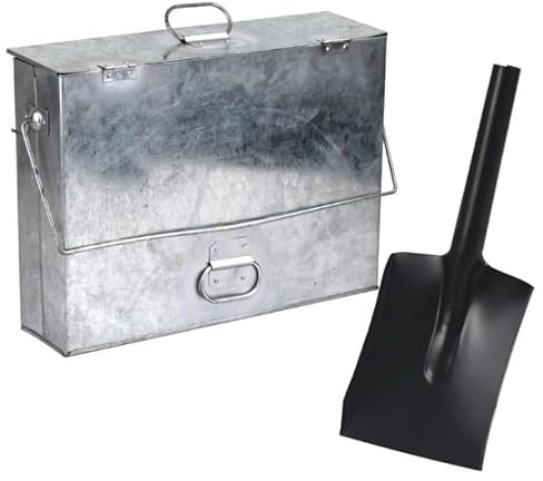 Unibos Silver Ash Carrier Galvanised Metal Hot Tidy Box Container Fireplace Pan Bucket Bin Ash Storage Box with Free Shovel for Fire Pit Wood Burning Stove Bin, Living Room, Fireplace