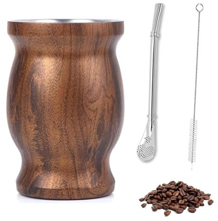 Mug Mate, Tasse à thé Maté, set de thé Compagnon en Acier Inoxydable, Tasse à Maté de 260ml, Avec Cuillère à Paille et Brosse de Nettoyage, Pour le Café, le Lait et le jus (Couleur Veinure du Bois)
