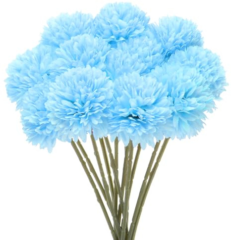 M METERXITY 12-Pack Flores de Bola de Crisantemo Artificial, Ramilletes de Hortensias de Seda de 11, Flores Falsas de Tacto Real para Hogar/Boda/Navidad/Fiesta/Jardín Oficina [Azul Claro]