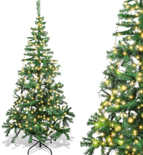 Aigostar 150 CM Árbol de Navidad Artificial,con Cadena de Luces LED de 13 M,8 Modos de Iluminación,200 LED Blanco cálido,280 Ramas,Incluye Soporte de Meta,Color Verde