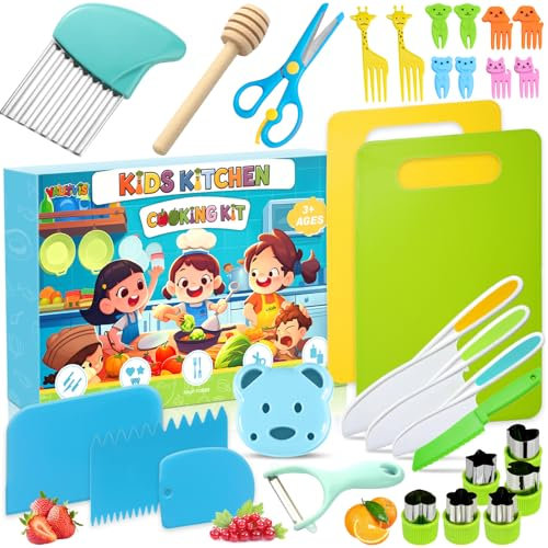 Vautvis 30 Stück Kindermesser, Kinder Küchenmesser Set Zum Schneiden Und Kochen, Kinder Messerset Mit Schäler, Schneidebrett, Kinderschere Kindermesser Ab 2/8 Jahre