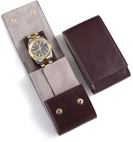 BUREI Leder Uhrenetui Tragbare Uhren Reisetasche Einzeluhr Reisetasche Uhrentasche Unterwegs Aufbewahrungstasche für Damen und Herren(Braun Grau)