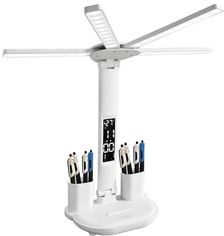WwuHua Schreibtischlampe Kinder, 4 Swingarm Schreibtisch Lampe mit 3 Farbmodi, Nachttischlampe mit Ladefunktion, LED Tischlampe mit Uhr/Stifthalter/Kalender/Temperatur für Arbeitszimmer, Schlafzimmer
