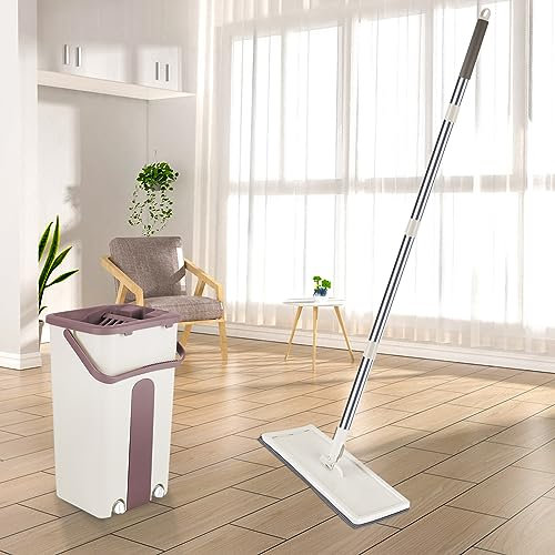 Balai Microfibre et Seau Essoreur, Serpillière Plat Rotatif 360° et Seau Auto-Lavage, Vadrouille de Mains Libre pour Nettoyage de Sol, avec 2 Tapis réutilisable-B,Kaki