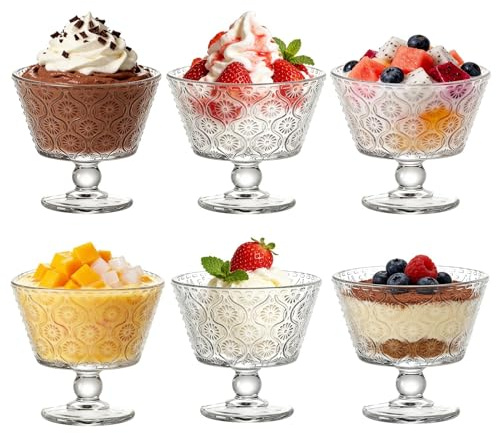 Glas Dessertschalen Set 6, 260ml Eisbecher Glas Set, Eisschalen, Dessertgläser mit Fuß, Eisgläser, Dessertschalen für Eiscreme, Desserts, Cocktails, Dessertgläser, Eiscremegläser (Begonienblüten)