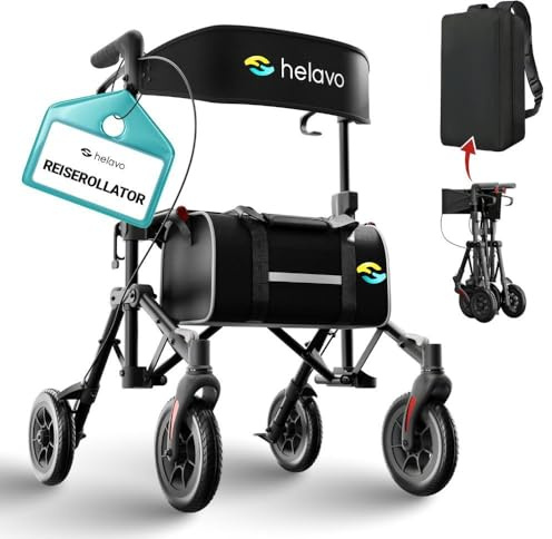 Helavo Ultra-Compact Walker for Seniors with Seat, Fully Assembled Double Folding Rollator, Travel Walker with 8 Rubber Wheels and Height Adjustable Handles