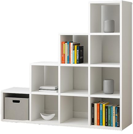 GERMAN Treppenregal Weiß 138 x 138 x 30 cm – Bücherregal mit 10 Fächern & Schublade – Offenes Stufenregal, Raumteiler & Ordnungssystem für Wohnzimmer, Schlafzimmer, Büro
