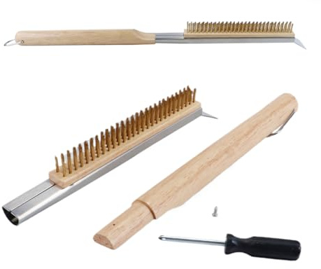 ACOLY Pizza Oven Brush with Stone Scraper Stainless Steel Bristles Heat Resistant Wooden Long Handle 53.5cm Oven Cleaning Tool for Outdoor